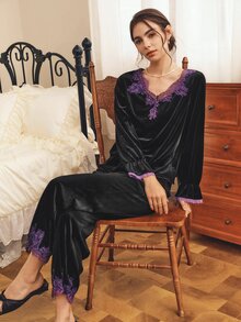 Côtesoire Women's Lace Patchwork Long Sleeve Top And Pants Pajama Set - Black - View 5
