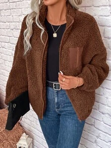SHEIN LUNE Zip Up Drop Shoulder Teddy Jacket In Fall/Winter,Casual - Brown - View 4