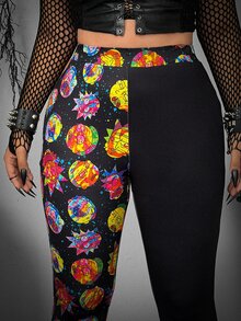 Whyspr Rick and Morty X SHEIN سروال ضيق مقاس كبير بطبعة زهور وتصميم رقعات بألوان متباينة - الأسود - مشاهدة 4