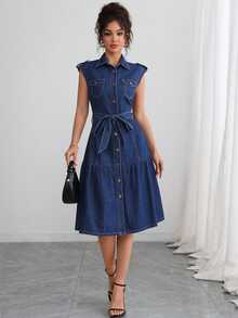 Elenzga Women's Loose Elegant Casual Commute Denim Dress - Dark Wash - View 5