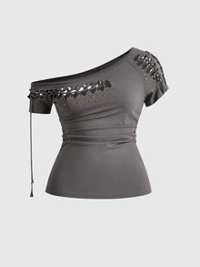 ROMWE Vintage Y2K Hot Girl Neckline Burnout Perforated Rivet Design Loose Off-Shoulder Plus Size T-Shirt - Grey - View 9