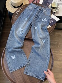 GlowEve Quần jean denim nữ mặc thường ngày phong cách casual có túi, cúc và họa tiết bướm - Màu xanh lam - Xem 7