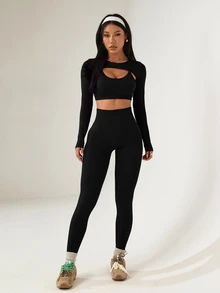 Dewbera Dewbera Women's Solid Color Long Sleeve Top + Camisole + High Waist Pants Sports Suit - Black - View 6
