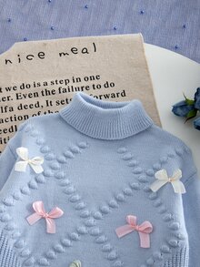 Sweater Lengan Panjang Motif Pita Jacquard Manis untuk Anak Perempuan Remaja - Biru - View 8