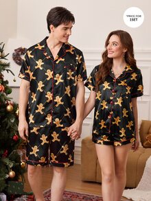 CoupledUp Black Diamond Pattern Gingerbread Man Men's Lapel Collar Short Sleeve & Shorts Casual Loungewear 2 Pieces Set - Black - View 2