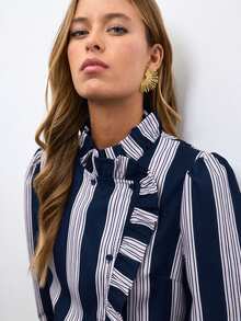 Nöista Women's Button Ruffle Trim Blouse And Striped Colorblock Jogger Pants Set - Navy Blue - View 7