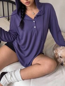 Vibekara 休閒優雅極簡風連帽寬鬆修身套頭底層T恤，大尺碼女款，秋冬灰色 - 紫色 - 查看 4