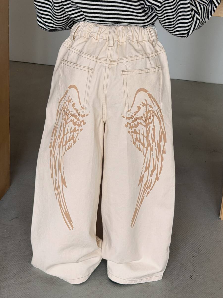 Dazy Kids Tween Girl) Loose Straight Leg Elastic Waist Casual Long Pants With Printed Pattern, Autumn/Winter Denim - Beige - View 1