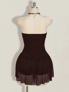 SHEIN ICON Women's Plus Size Retro Goth Sexy Fashion Individual Simple Elegant Y2K Black Strapless Mesh Dress With Gathered Chest Going Out Rave Summer - Brown - View 2