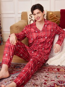 CoupledUp Minimalist Red Plaid Bow Long Sleeve Men's Pajama Set - Multicolor - View 2