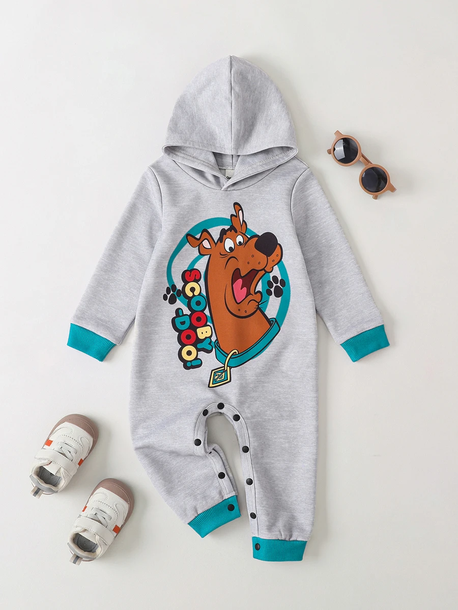 SCOOBY-DOO X SHEIN Baby Boy Cartoon Pattern Casual Daily Hooded Jumpsuit - Light Grey - View 1