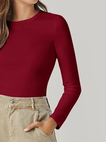SHEIN BASICS 女款經典酒紅色長袖襯衫，柔軟透氣圓領百搭上衣，適合日常、夜生活、秋季休閒穿搭 - 酒紅色 - 查看 6