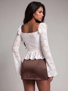 Nooralise Vintage Y2K Sporty Court Style Square Neck Ruffle Lace Fabric Metal Button Slim Fit Mermaid Hem T-Shirt - White - View 4