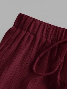 SHEIN EZwear 女款純色腰部綁帶荷葉邊下擺休閒裙 - 酒紅色 - 查看 3