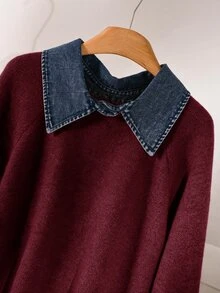 CosyJoli Áo len nữ size lớn phối màu cổ bẻ tay dài phong cách thường ngày cho mùa đông - Đỏ - Xem 6