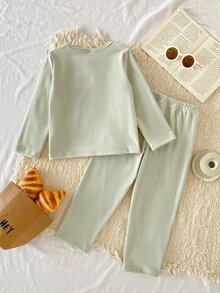 6 Sets Randomly Sent 1 Set Autumn/Winter Thickened Ribbed Boys Toddler Set Soft Comfortable Solid Color Fabric Casual Minimalist Faux Placket Long Sleeve Long Pants 2 Pieces Set Loungewear - Multicolor - View 2