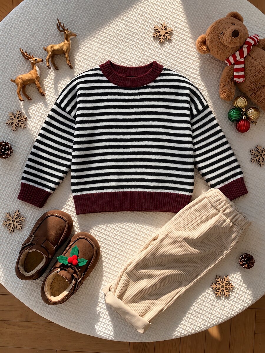 Girls' Autumn/Winter Fashion Minimalist Striped Colorblock Thick Knit Sweater, Long Sleeve Crew Neck - Black and White - View 1