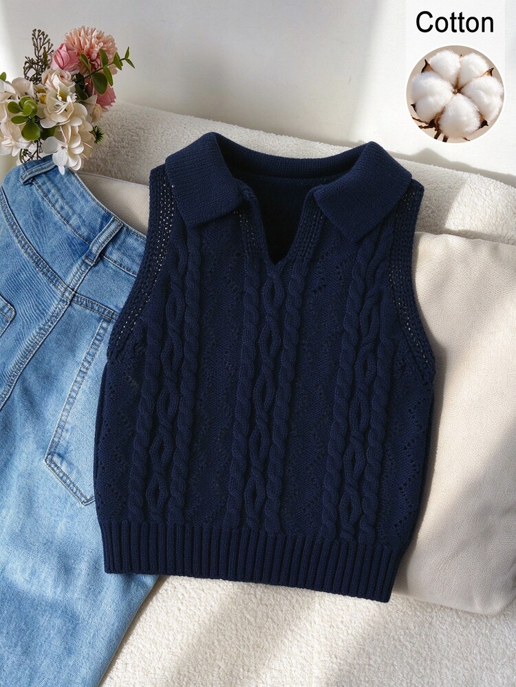 SHEIN 女童粉色刺繡背心毛衣，圓領，適合搭配裙子，適合秋冬春夏穿著的套頭衫 - 藏蓝色 - 查看 5