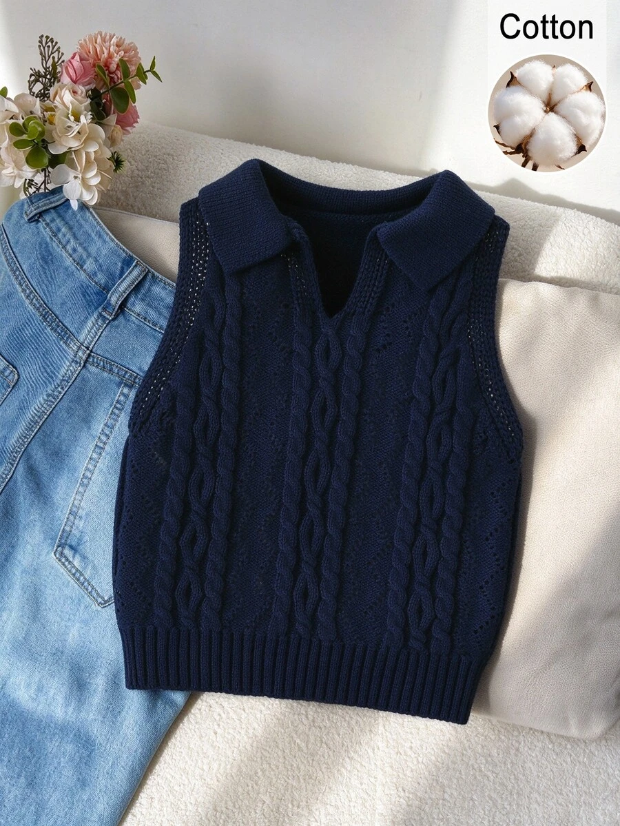 SHEIN 女童粉色刺繡背心毛衣,圓領,適合搭配裙子,適合秋冬春夏穿著的套頭衫 - 藏蓝色 - 查看 1