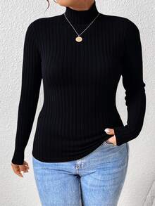 SHEIN CURVE+ Plus Size Black Ribbed Turtleneck Long Sleeve T-Shirt, Suitable For Autumn/Winter, Christmas, New Year - Black - View 3
