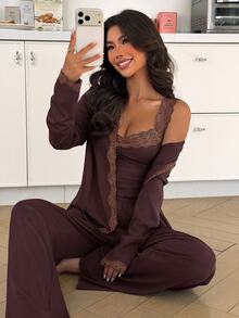 ZzzCrew Ribbed & Lace Trim Camisole Top + Long Pants + Cardigan Pajama Set - Brown - View 4