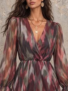 LUMIGAL Elegant Commuter Bohemian Abstract Wavy Texture Print Long Sleeve V-Neck Cross Collar Dress - Multicolor - View 5