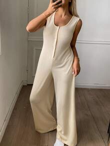 Livesso Women's Solid Color Casual Daily Wear Home Loungewear Jumpsuit - Beige - View 8