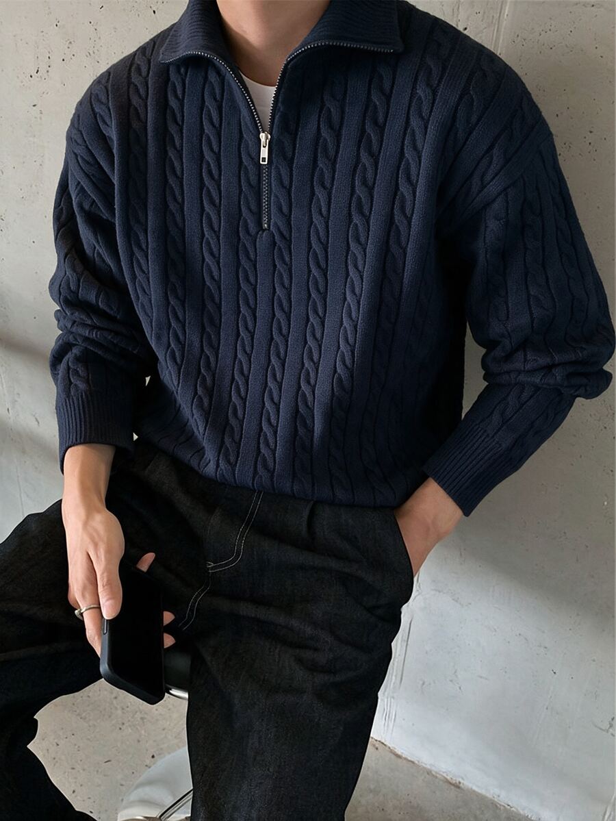 Manfinity Hypemode Áo len nam dệt vặn thừng cổ tròn tay dài phong cách thường ngày đa năng cho mùa thu - Xanh đậm - Xem 1