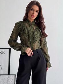 Firerie 女款優雅浪漫宮廷復古立領荷葉邊提花紋理鈕扣喇叭袖棕色系襯衫，適合秋季商務與外出穿搭 - 軍綠色 - 查看 6