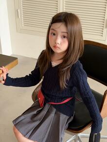 Dazy Kids (Gadis Remaja) Sweater Rajut Kabel Lengan Panjang Pas Badan Model Dasar, Musim Gugur/Dingin - Navy Blue - View 4