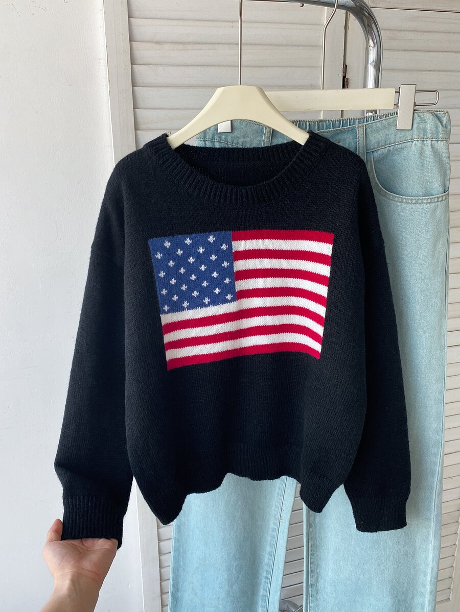 SHEIN Teen Girl Flag Pattern Casual Daily Long Sleeve Sweater Winter - Black - View 1
