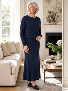 Breezaya Women's Solid Color Long Sleeve Top And Skirt Casual Set - Navy Blue - View 3