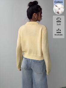 SHEIN BASICS Plus Size Women's Solid Color Long Sleeve Button-Front Knit Cardigan, Autumn/Winter - Yellow - View 2