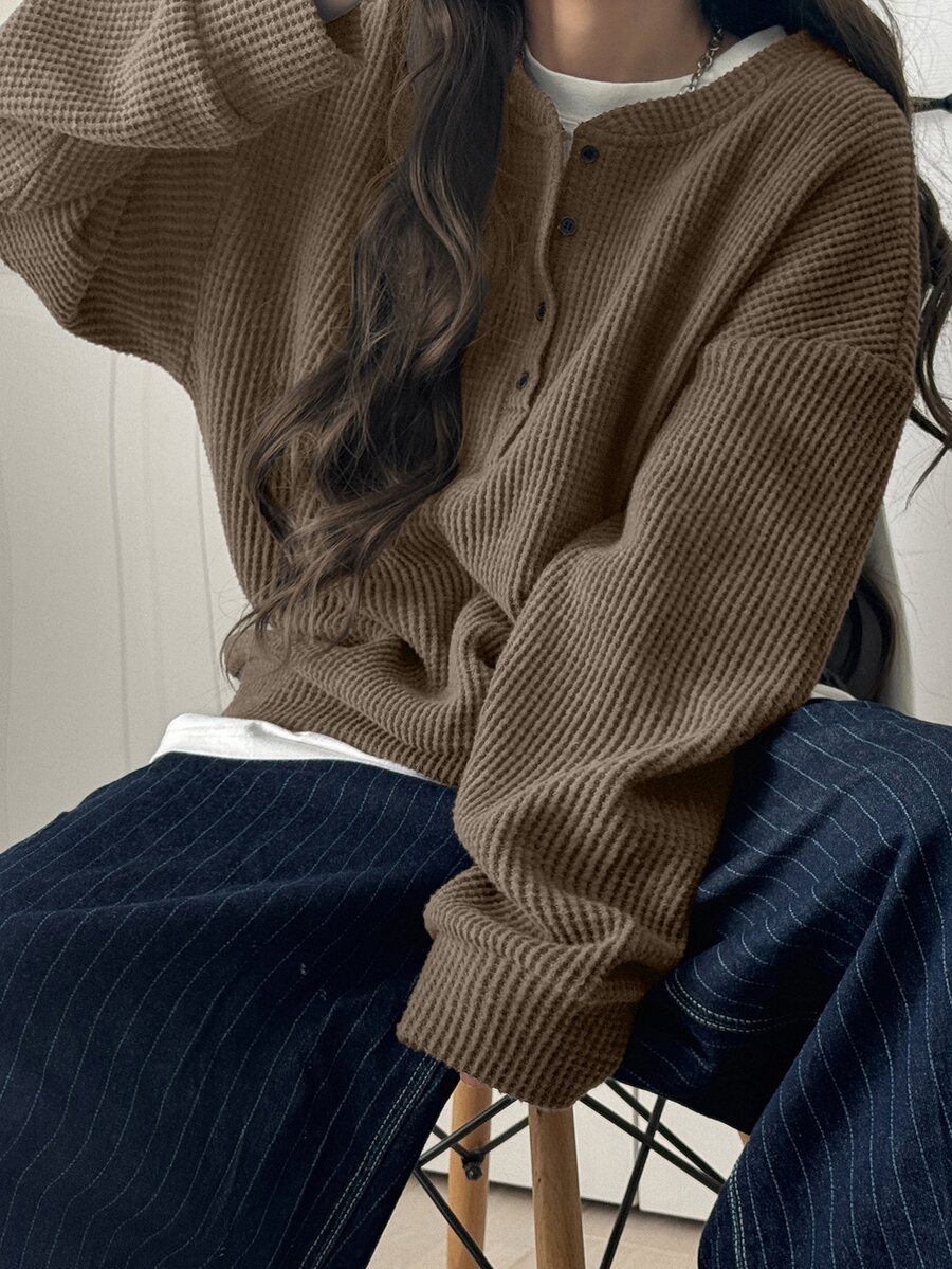 FRIFUL 女款純色圓領前開鈕扣落肩長袖寬鬆休閒套頭運動衫，秋冬款 - 棕色 - 查看 1
