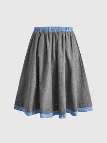 ROMWE Kawaii Women's Casual Cute Plaid Patchwork A-Line Animal Design Skirt - Multicolor - View 2