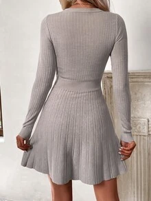 SHEIN Women's Solid Color Round Neck Long Sleeve Casual Knitted Dress, Autumn - Dusty Purple - View 2
