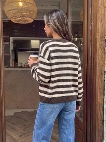 SHEIN LUNE 休閒女款秋冬長袖露肩針織衫 - 棕色 - 查看 2