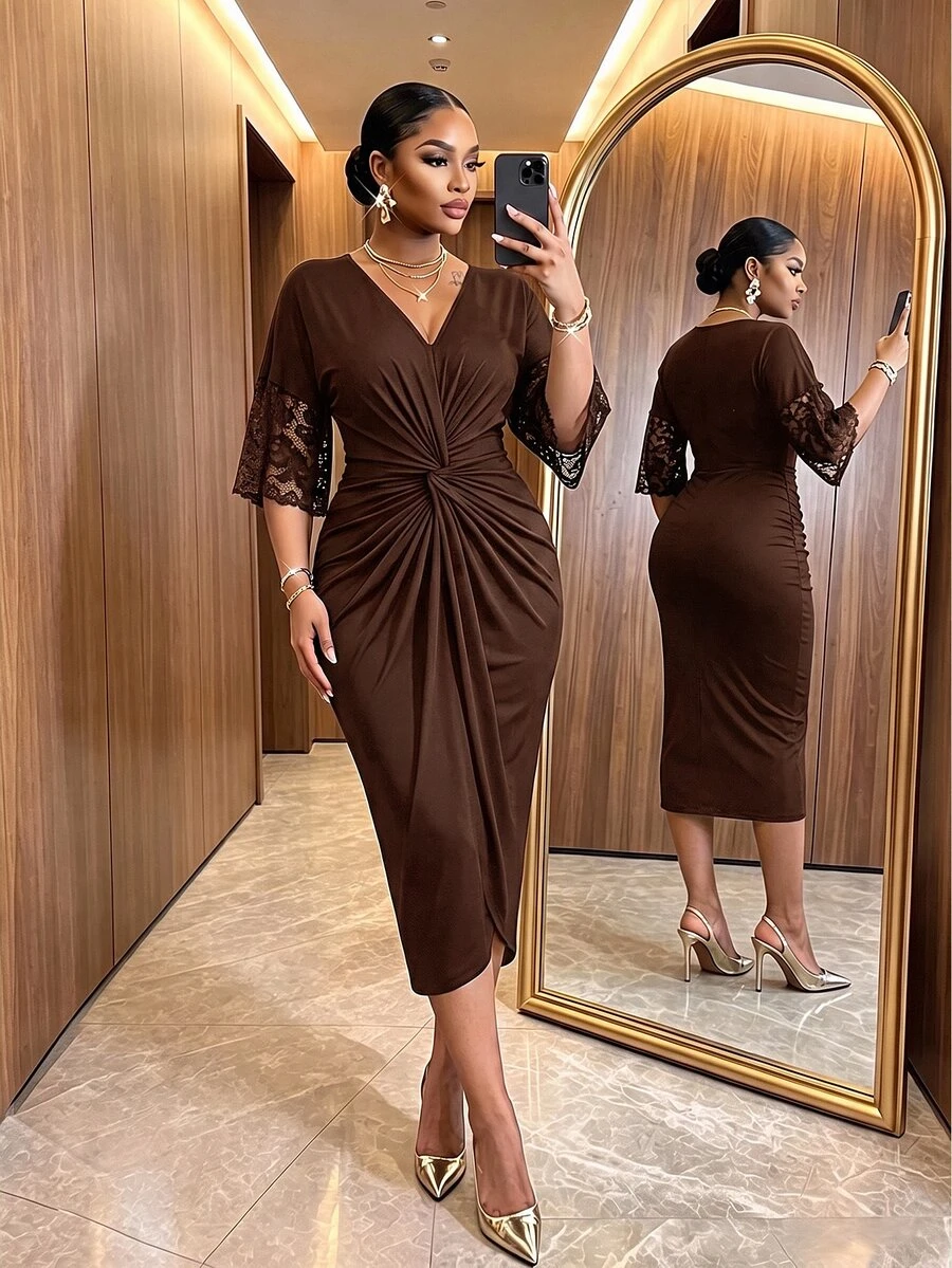 SHEIN Lady CURVE 大尺碼優雅通勤蕾絲拼接扭結修身洋裝，黑色晚宴正式秋季款 - 棕色 - 查看 1