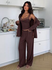 ZzzCrew Ribbed & Lace Trim Camisole Top + Long Pants + Cardigan Pajama Set - Brown - View 6