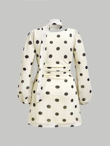 SHEIN MOD Plus Size Women's Elegant Commute Polka Dot Print Satin Ribbon Mini Dress - Apricot - View 2