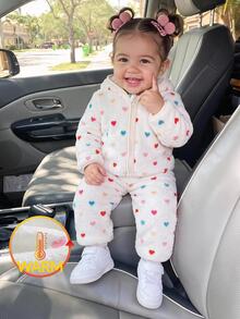 SHEIN Baby Girl Knit Solid Color Faux Fur Colorful Heart Pattern Hooded Casual Jacket And Long Pants 2 Pieces Set - Multicolor - View 1