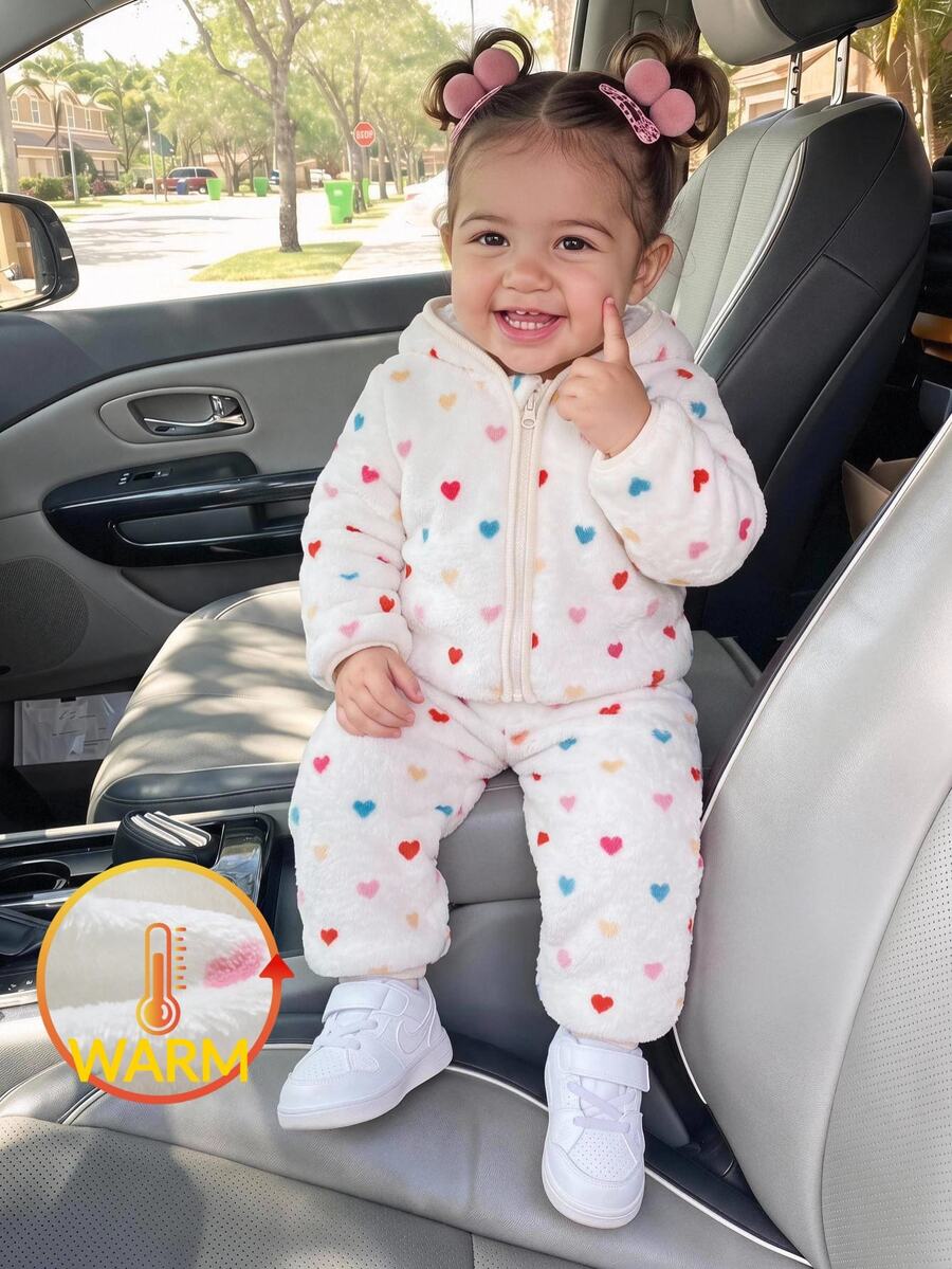 SHEIN Baby Girl Knit Solid Color Faux Fur Colorful Heart Pattern Hooded Casual Jacket And Long Pants 2 Pieces Set - Multicolor - View 1