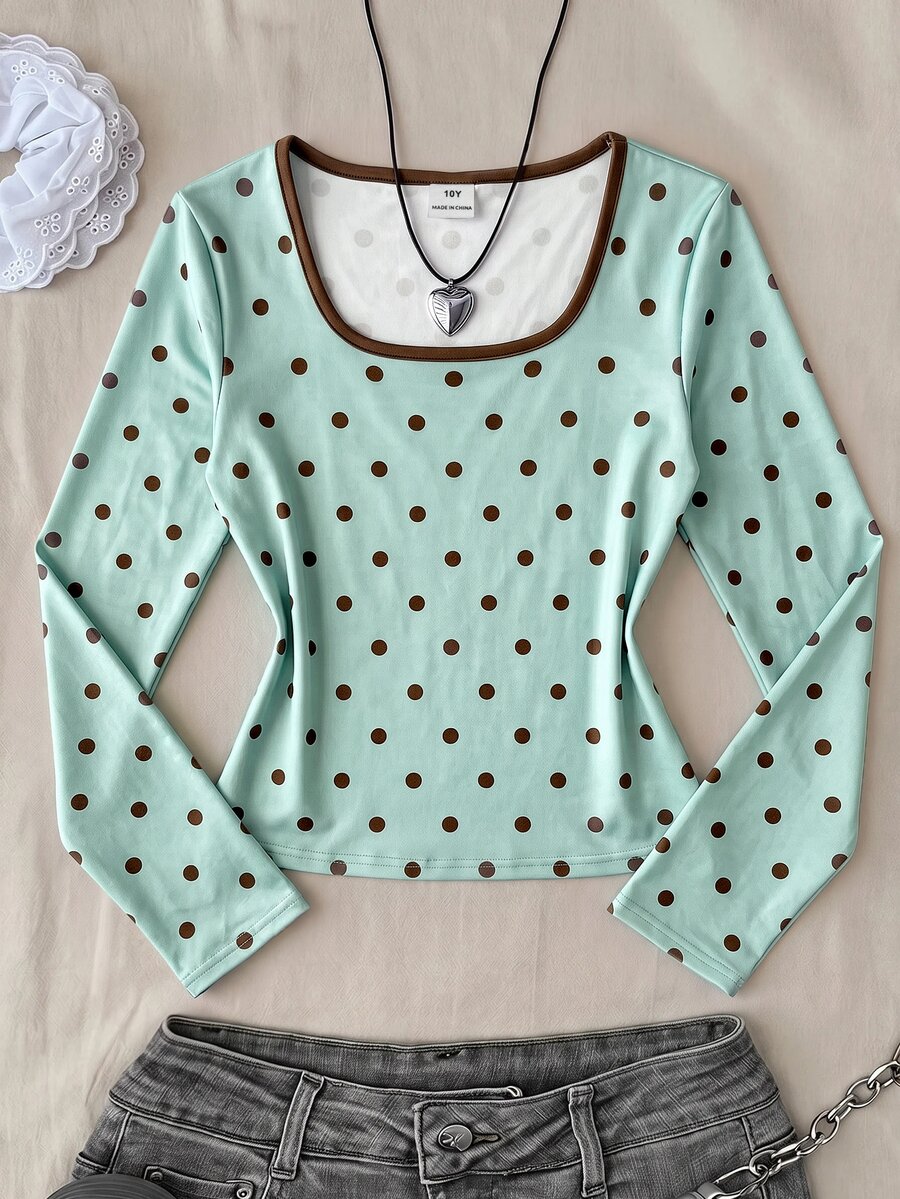 Tween Girls T-Shirts Autumn Tween Girl Knit Brown Pattern Neck Casual Cute Slim Fit Long Sleeve T-Shirt School - Mint Green - View 1
