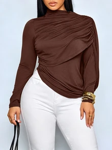 SOLERSUN Plus Size Women's Asymmetric Pleated Long Sleeve T-Shirt, Dropped Shoulder Slim Fit Top, Elegant Unique Basic T-Shirt Fall - Coffee Brown - View 6