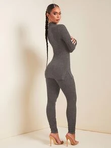SHEIN SXY 秋季女款 2 件式純色立領長袖上衣與長褲保暖抓絨套裝 運動休閒裝 深灰色 日常休閒 - 灰色 - 查看 5