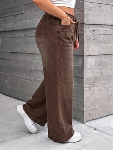 SHEIN ICON 大尺碼女款腰部綁帶口袋寬腿休閒牛仔褲 - 棕色 - 查看 4