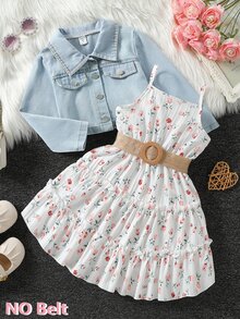 SHEIN 女童時尚領口長袖外套＋彈性腰 A 字層次花卉印花細肩帶洋裝 2 件套，休閒日常秋季 7 歲生日 白色 - 藍色 - 查看 1