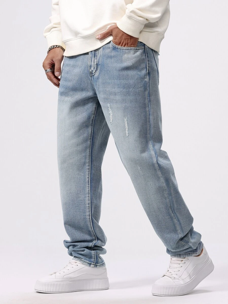 Manfinity Homme Men's Plus Size Washed Button Straight Leg Denim Jeans ...