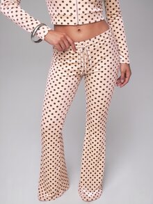 Nooralise Women's Casual Polka Dot Print Velvet Flare Pants - Apricot - View 4