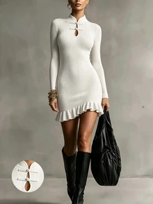 SHEIN Chinese Frog Button Ribbed Knit Mini Dress Long Sleeve Ruffle Hem Bodycon Sweater Dress - White - View 5